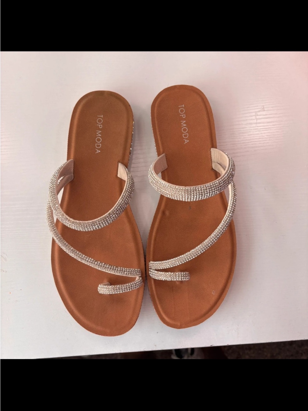 TOP Moda Tan & rhinestone toe loop Sandals